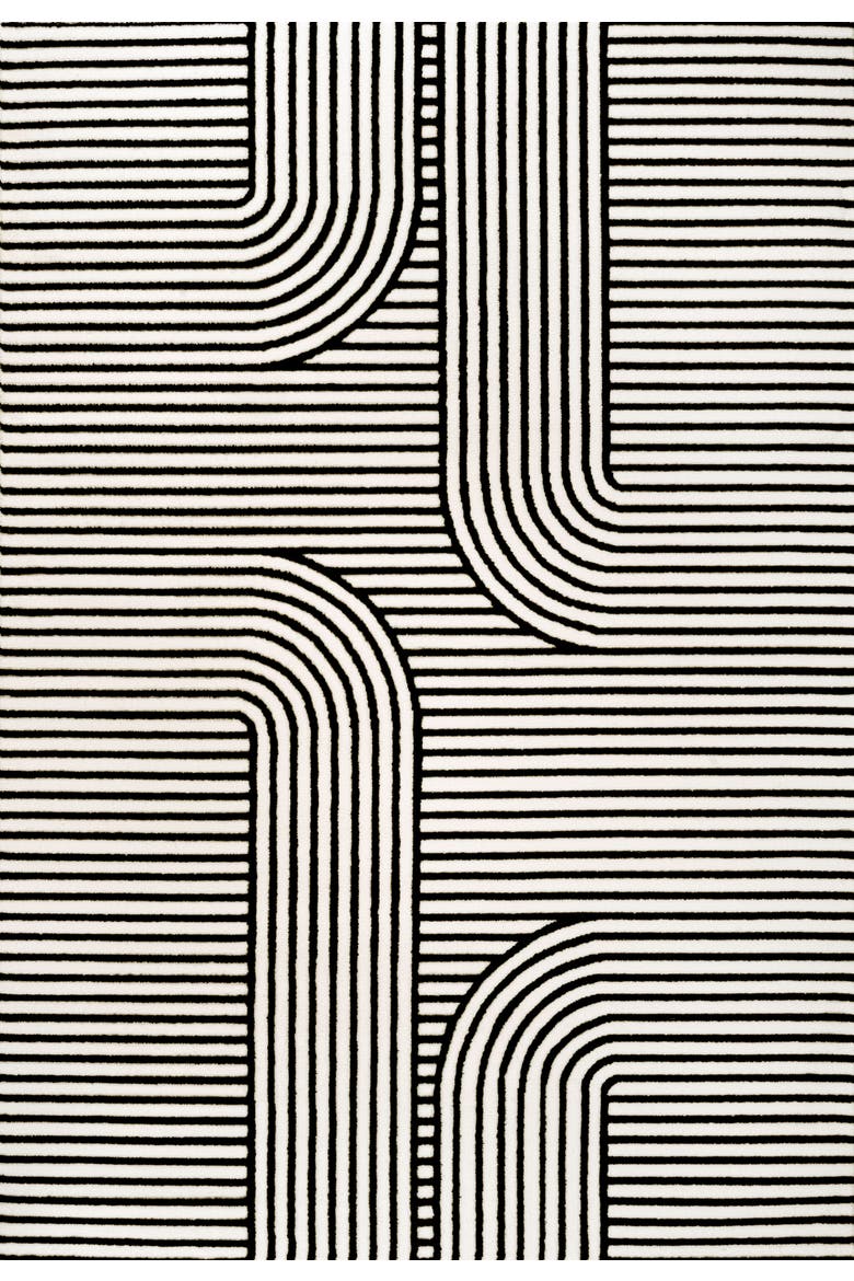 Anders High-Low MidCentury Modern Arch Stripe Two-Tone Indoor/Outdoor Area Rug, Main, color, Black/White