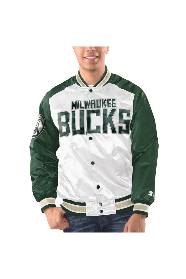 Men's Starter White/Hunter Green Milwaukee Bucks Renegade Satin Full-Snap Varsity Jacket, Alternate, color, White