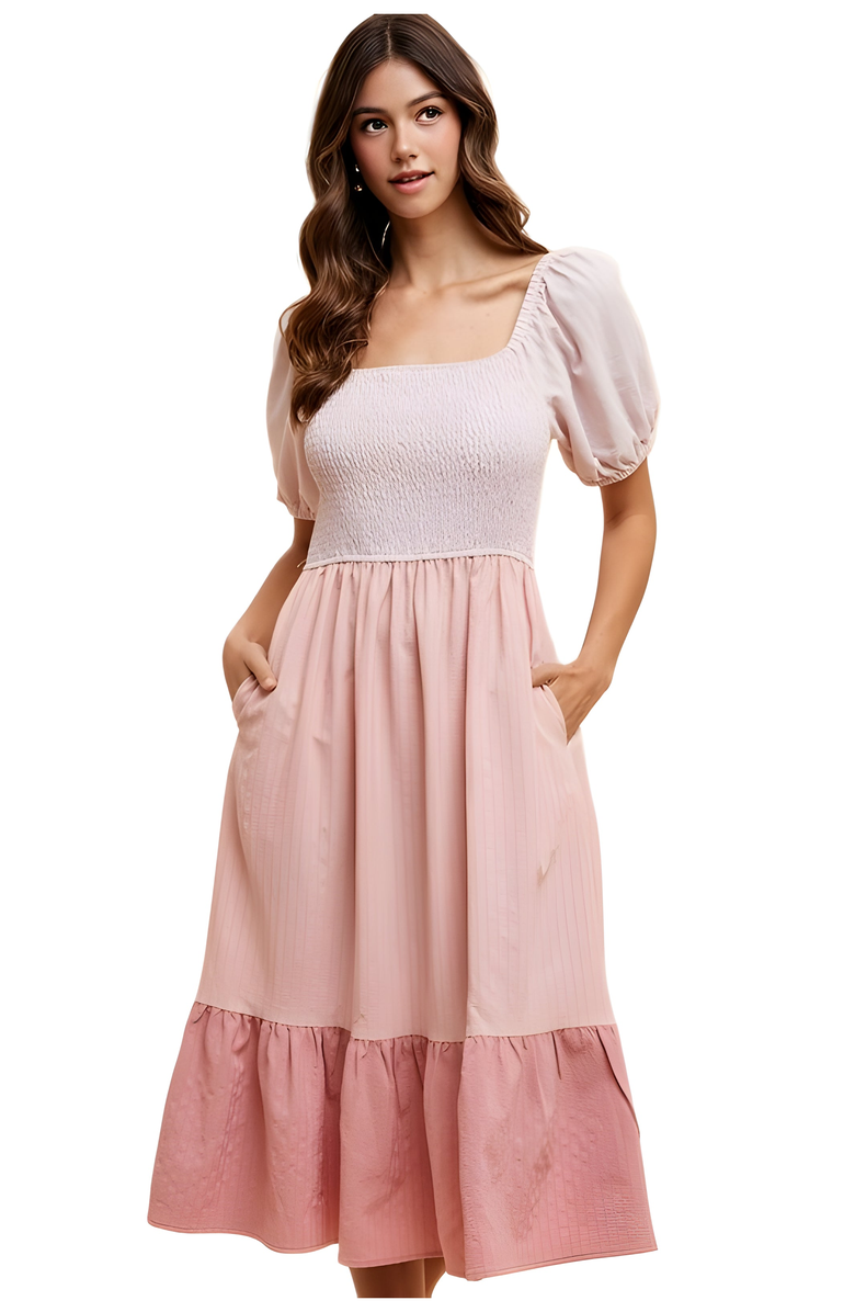 Knit and Lounge Puff Sleeve Midi Dress with Smocked Bodice, Main, color,