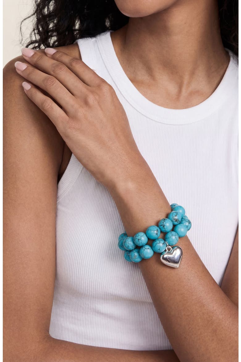 Luck & Love Stone Puffy Heart Stretch Bracelet, Alternate, color, TURQUOISE AND SILVER