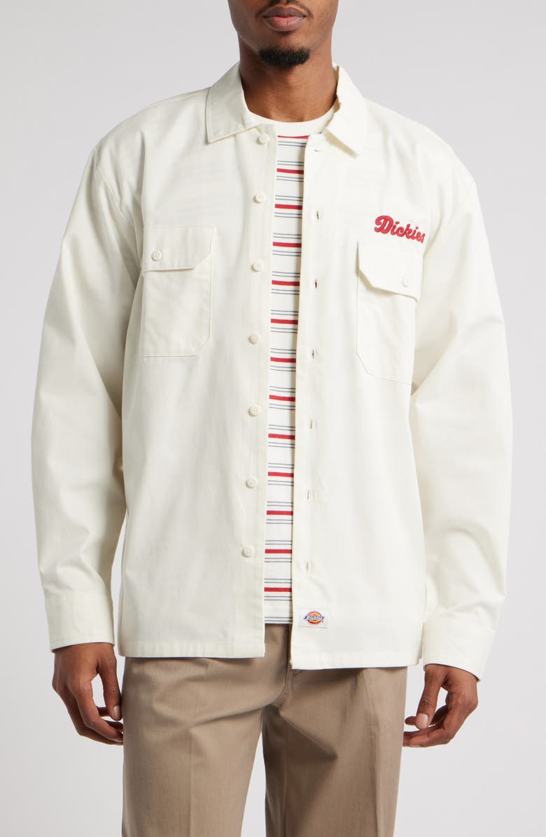 Dickies Lewiston Logo Embroidered Cotton Button-Up Utility Shirt, Main, color, Egret