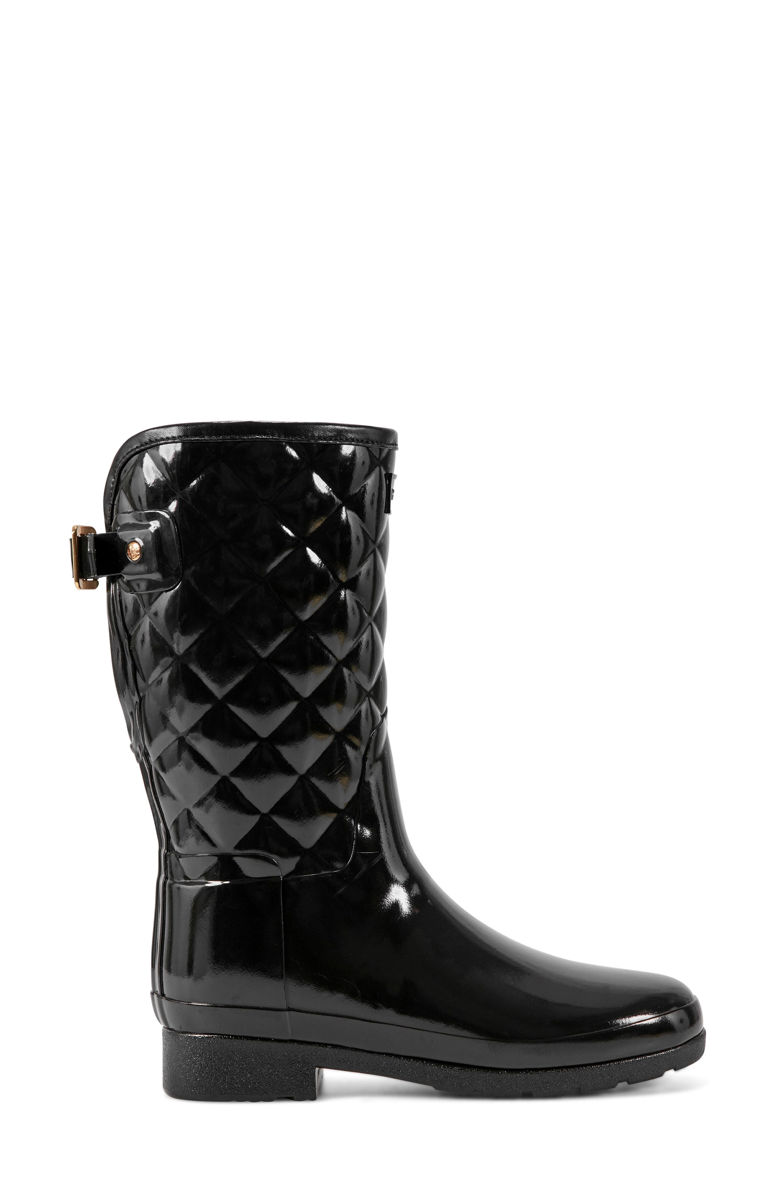Hunter Refined High Gloss Quilted Short Waterproof Rain Boot, Alternate, color, Black