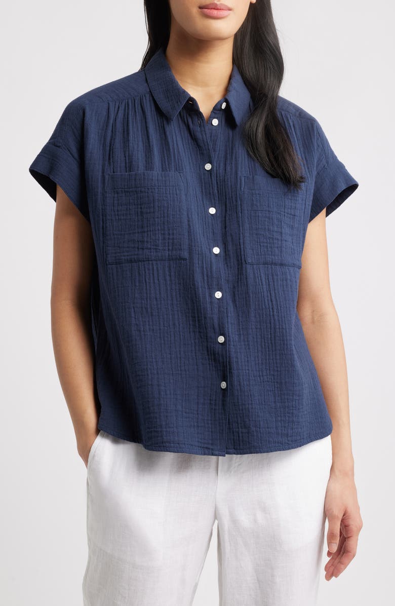 Caslon<sup>®</sup> Cotton Gauze Button-Up Shirt, Main, color, Navy Blazer