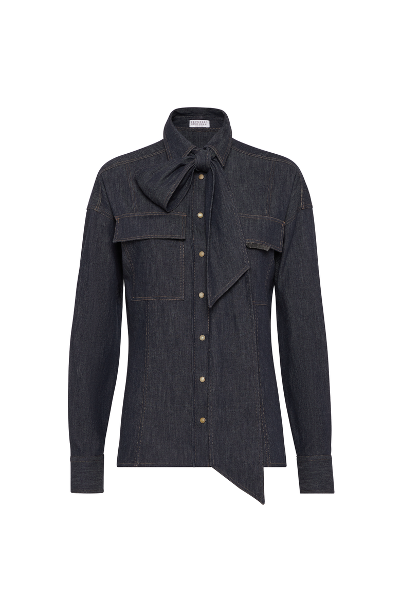 Brunello Cucinelli Pussybow shirt with monili, Main, color, Dark Denim