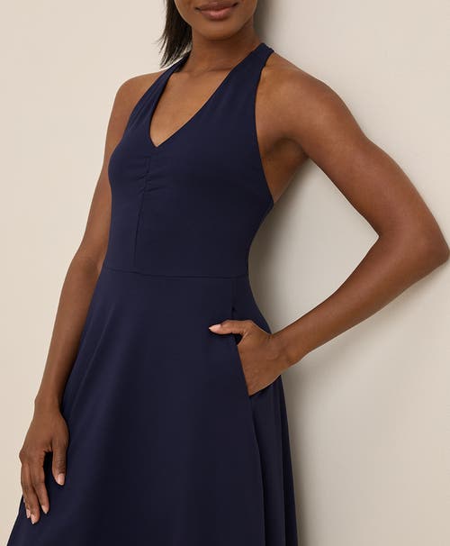 Pact Organic Cotton Fit & Flare Gathered Halter Dress In Blue