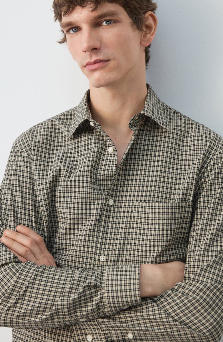 MANGO Regular Fit Check Cotton Blend Button-Up Shirt, Alternate, color, Beige