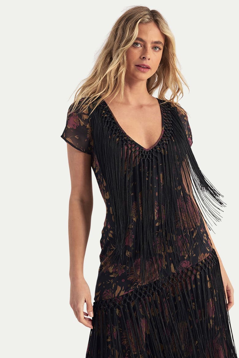 Floral Chiffon Fringe Maxi Dress, Alternate, color, Black