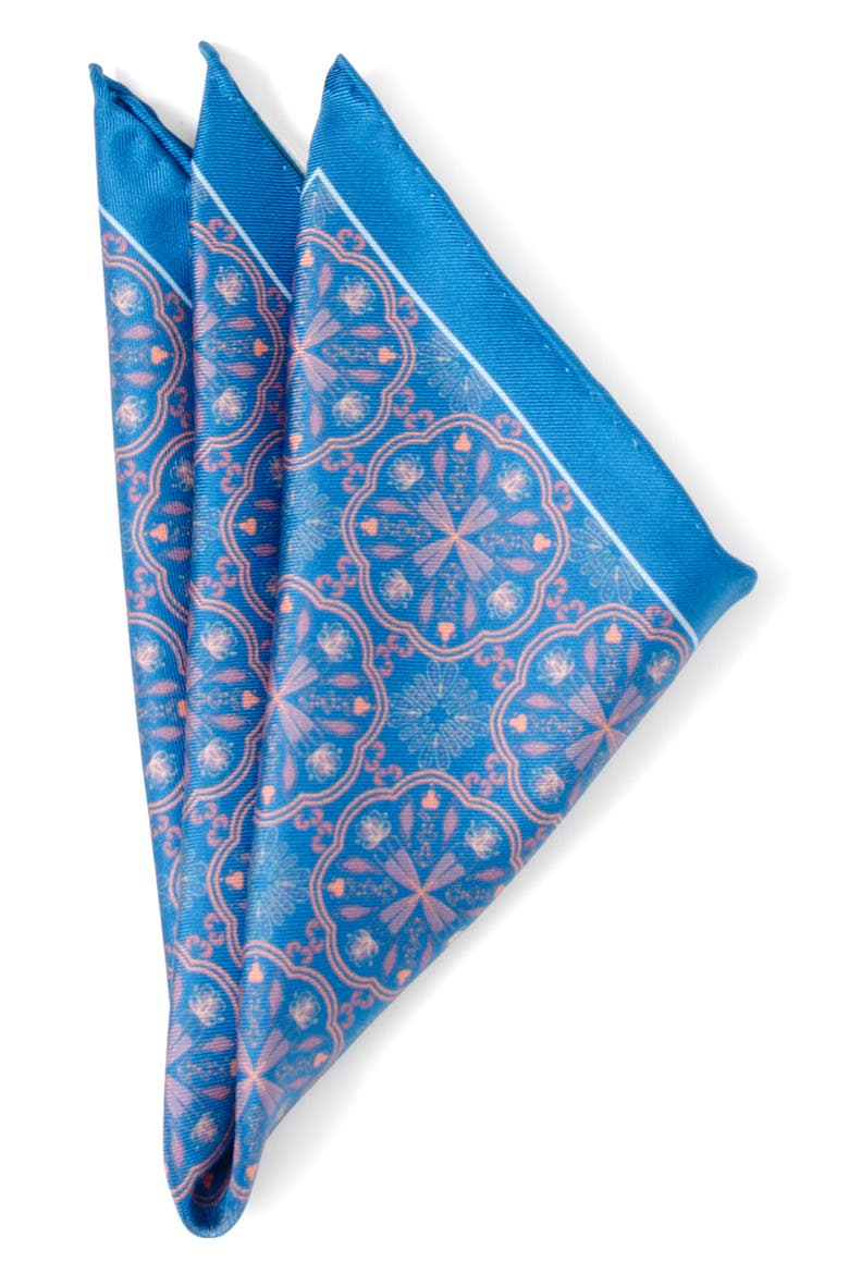 Medallion Print Silk Pocket Square, Main, color, BLUE
