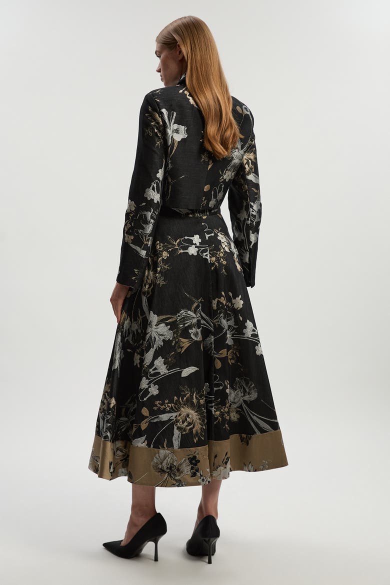 Floral Jacquard Tailored Full Midi Skirt, Alternate, color, Black