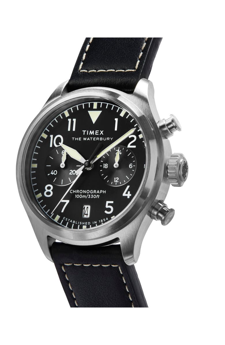 Timex<sup>®</sup> Waterbury Ace Chronograph Leather Strap Watch, 41mm, Alternate, color, Black