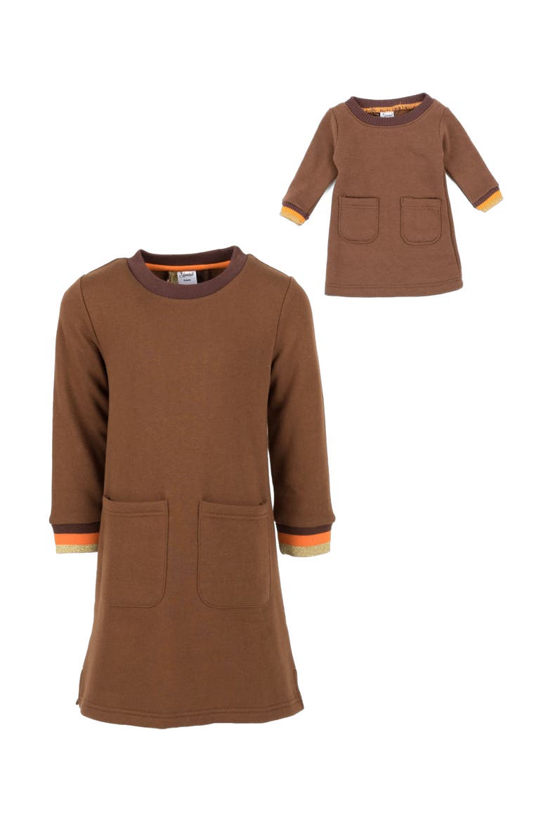 Girls Sweatshirt Dress with Matching Doll Dress, Alternate, color, BROWN