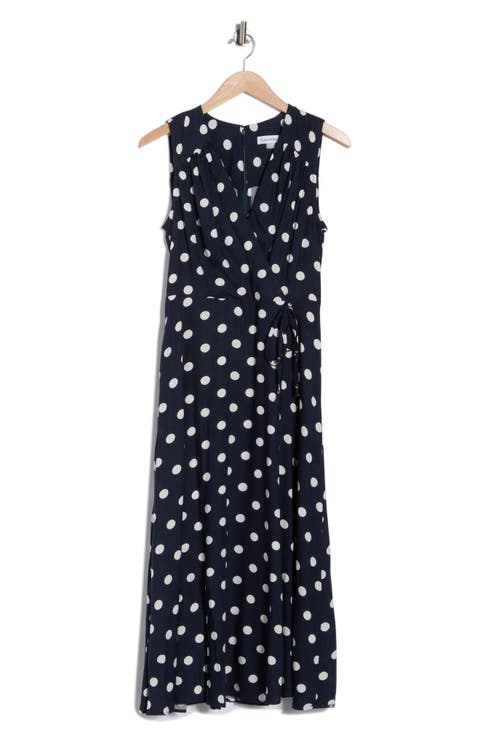 Polka Dot Sleeveless Faux Wrap Maxi Dress