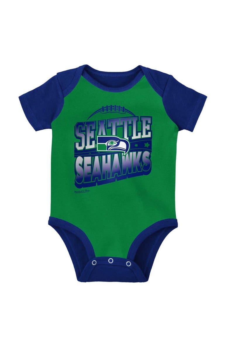 Mitchell & Ness Newborn & Infant Mitchell & Ness Green/Royal Seattle Seahawks Throwback Big Score Bodysuit, Bib & Bootie Set, Alternate, color, Green