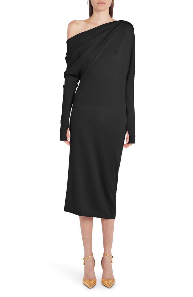 TOM FORD One-Shoulder Long Sleeve Cashmere & Silk Midi Sweater Dress, Main, color,