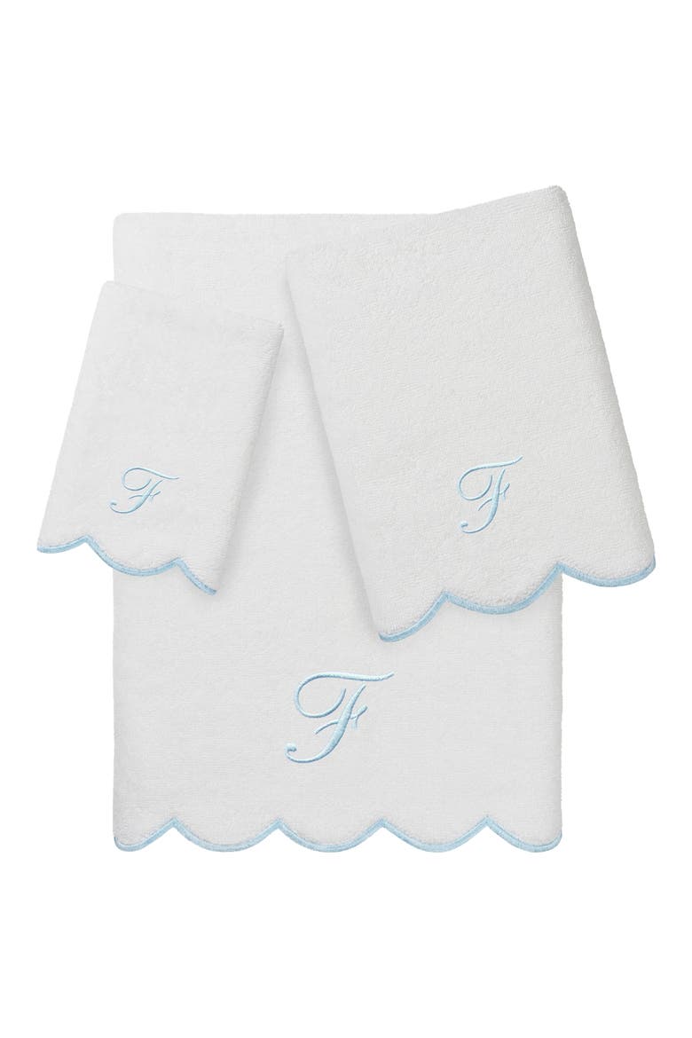 Adornia Scallop Personalized 3-Piece Towel Set, Main, color, WHITE/ BLUE F