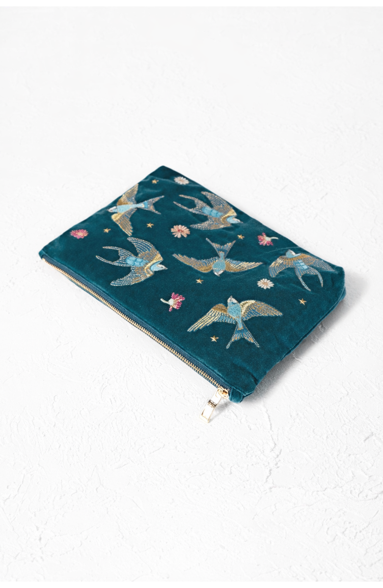 Elizabeth Scarlett Swallows Velvet Everyday Pouch, Alternate, color, Rich Blue