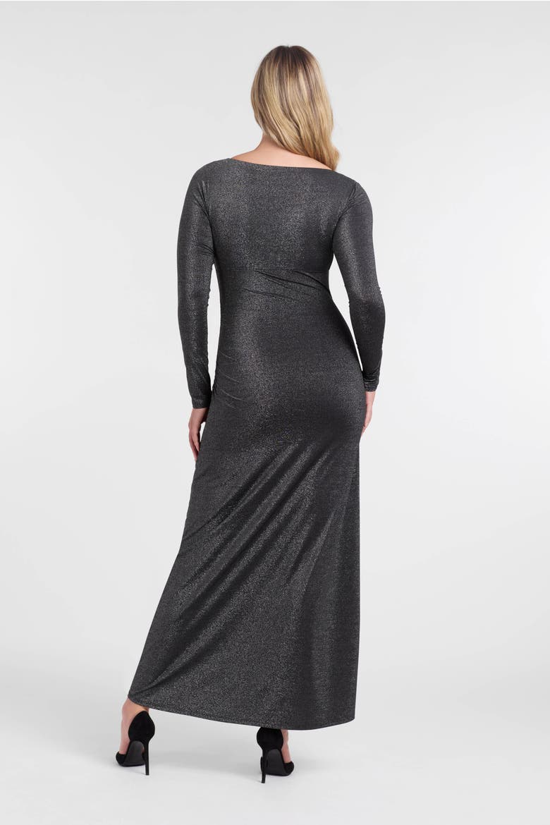 Sculpting Shapewear Shirred V-Neck Long Sleeve Metallic Maxi Dress, Alternate, color, Onyx Black