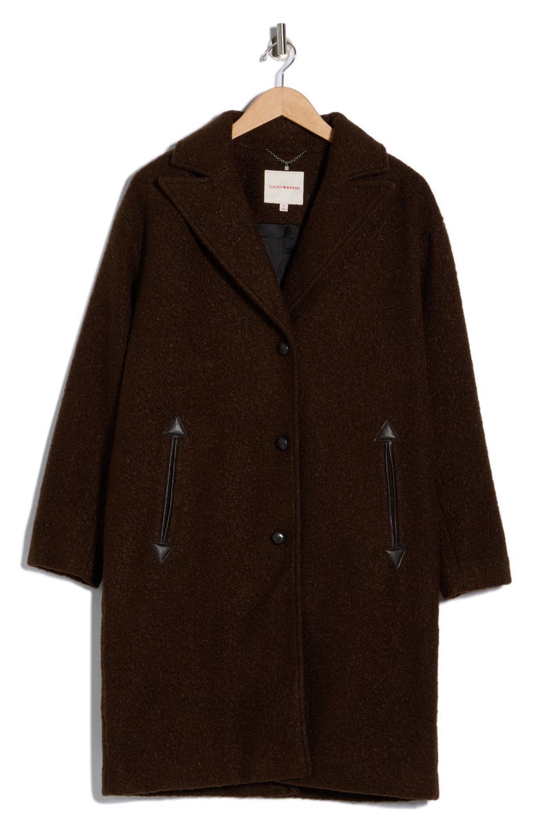 Lucky Brand Notch Lapel Faux Leather Trim Western Coat, Alternate, color, Brown