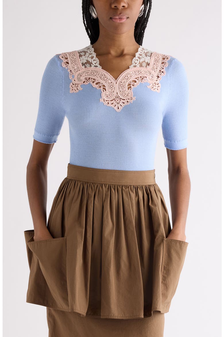 Colorblock Lace Trim Rib Wool Sweater, Main, color, BALTIC SEA