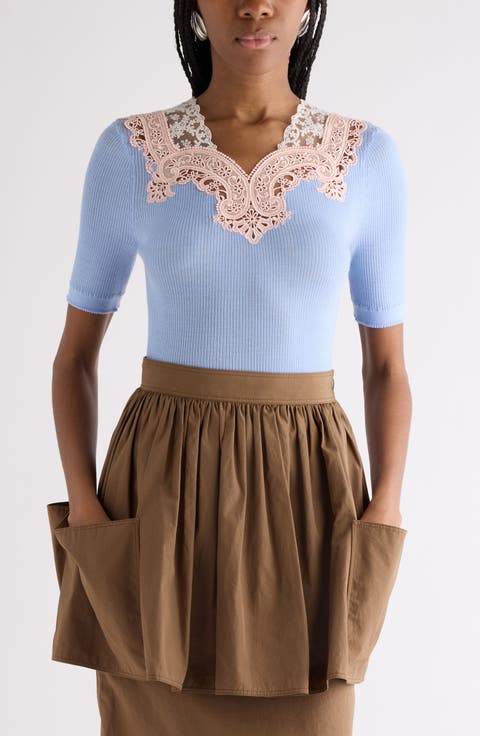 Colorblock Lace Trim Rib Wool Sweater
