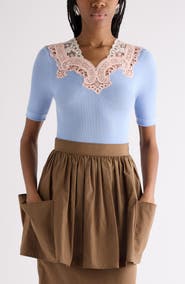 Chloé Colorblock Lace Trim Rib Wool Sweater