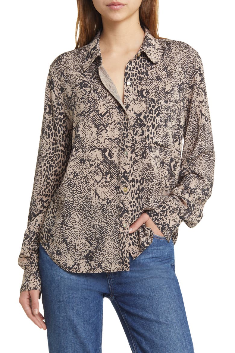 Josephine Print Button-Up Shirt, Main, color, TAUPE MIXED ANIMAL