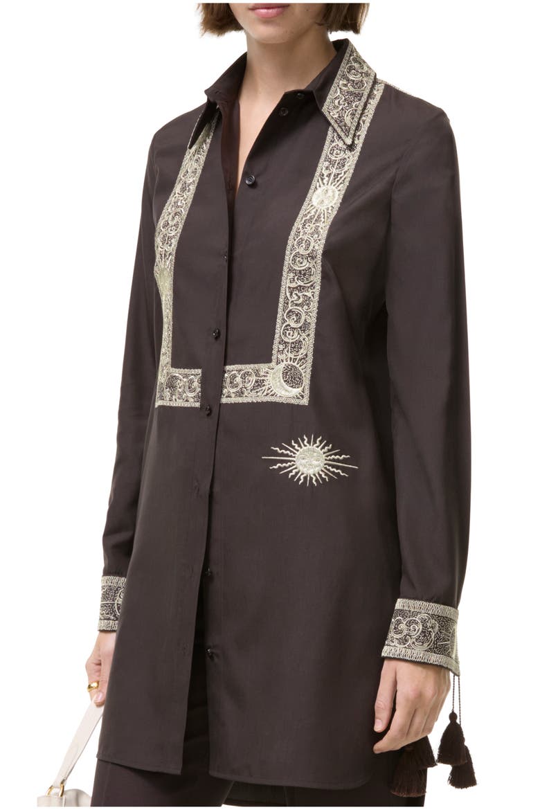 Embroidered Silk Shirt Dress, Main, color, Campfire brown