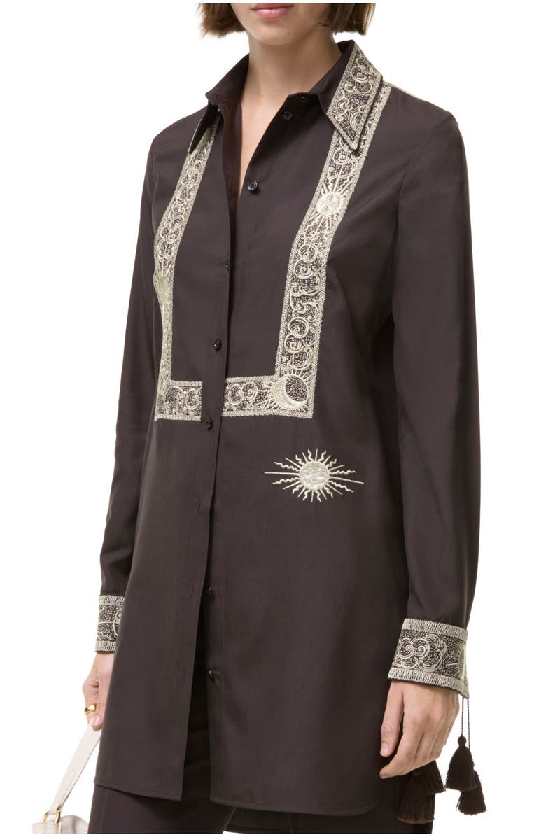 Burberry Embroidered Silk Shirt Dress, Main, color, Campfire Brown