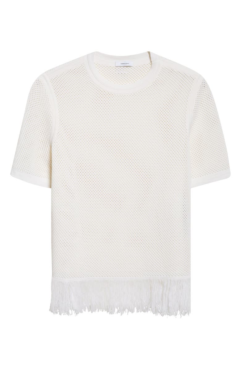 FERRAGAMO Open Knit Fringe Short Sleeve Virgin Wool Sweater, Main, color, White