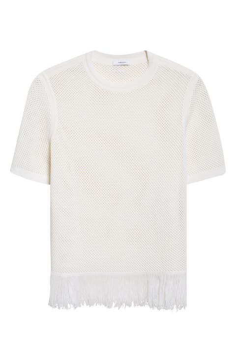Open Knit Fringe Short Sleeve Virgin Wool Sweater