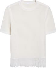 FERRAGAMO Open Knit Fringe Short Sleeve Virgin Wool Sweater