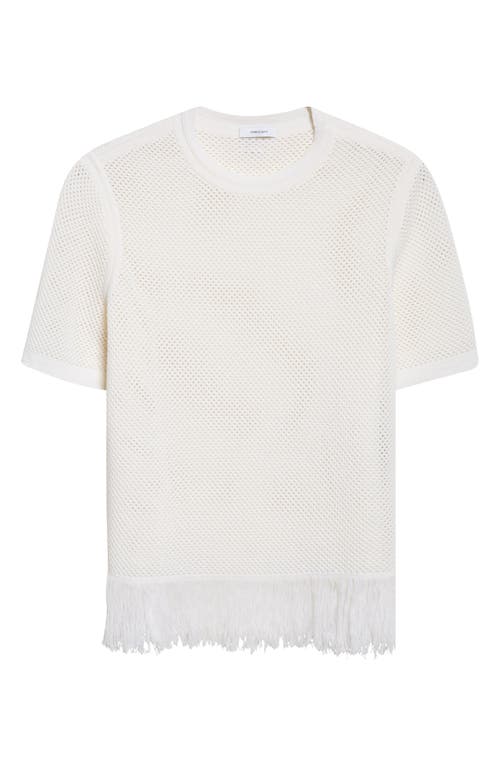 Ferragamo Open Knit Fringe Short Sleeve Virgin Wool Sweater In White