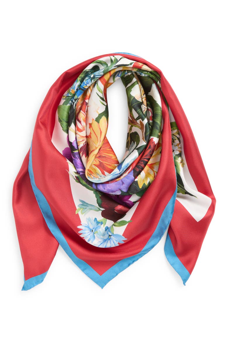 Floral Print Silk Twill Square Scarf, Alternate, color, HS5PC B.FIORI CRET.B/ ROSSO