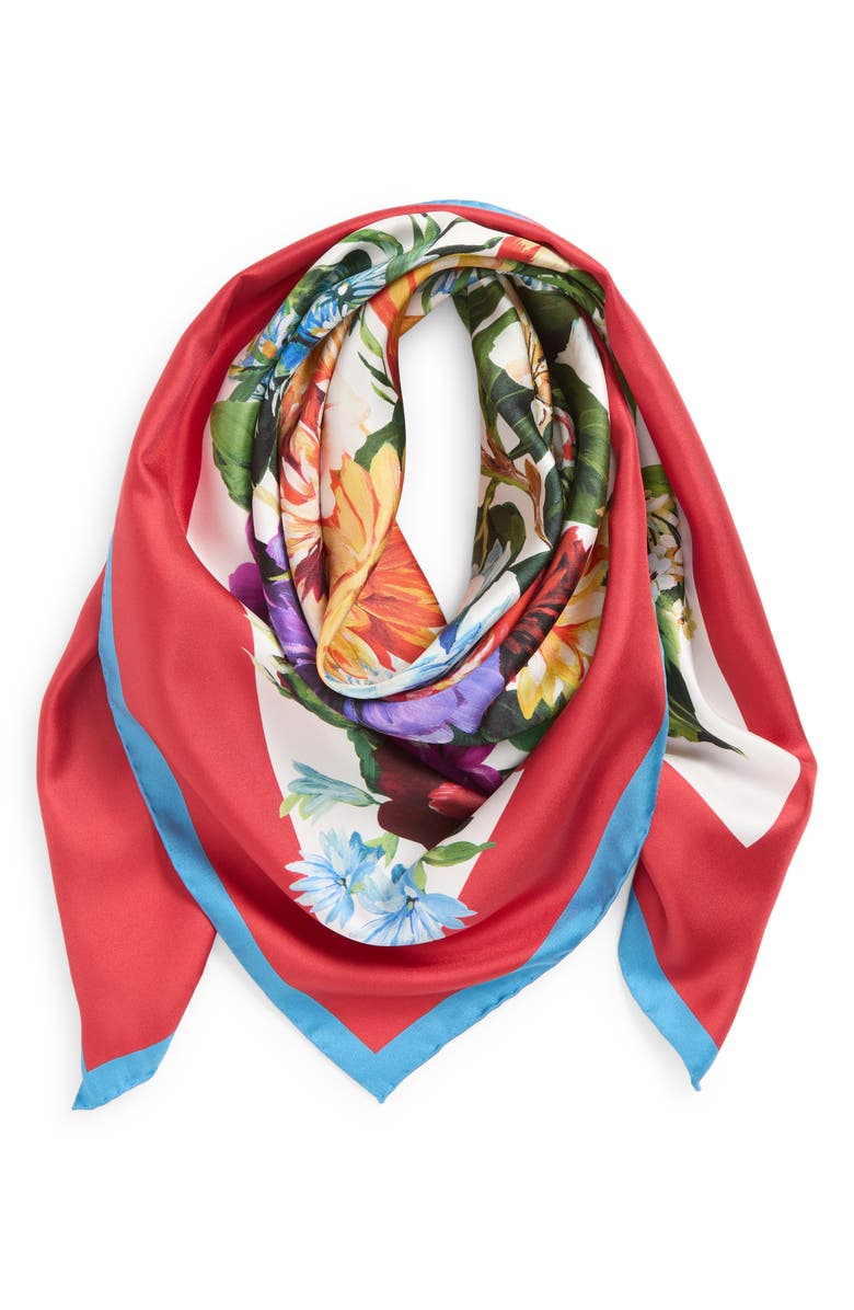 Dolce&Gabbana Floral Print Silk Twill Square Scarf, Alternate, color, Hs5pc B.fiori Cret.b/ Rosso
