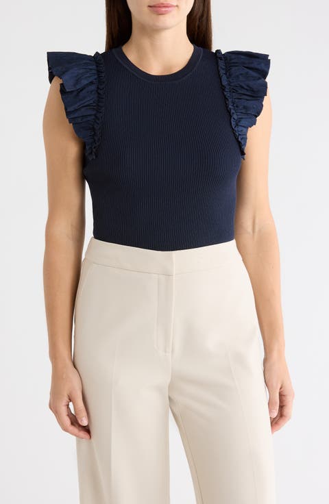 Ruffle Mixed Media Rib Sweater