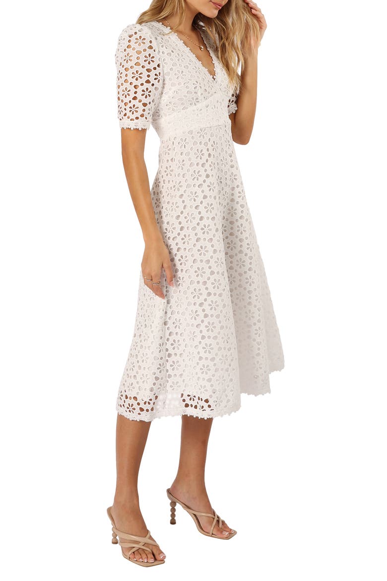 Camellia Floral Eyelet Cotton Midi Dress, Alternate, color, WHITE