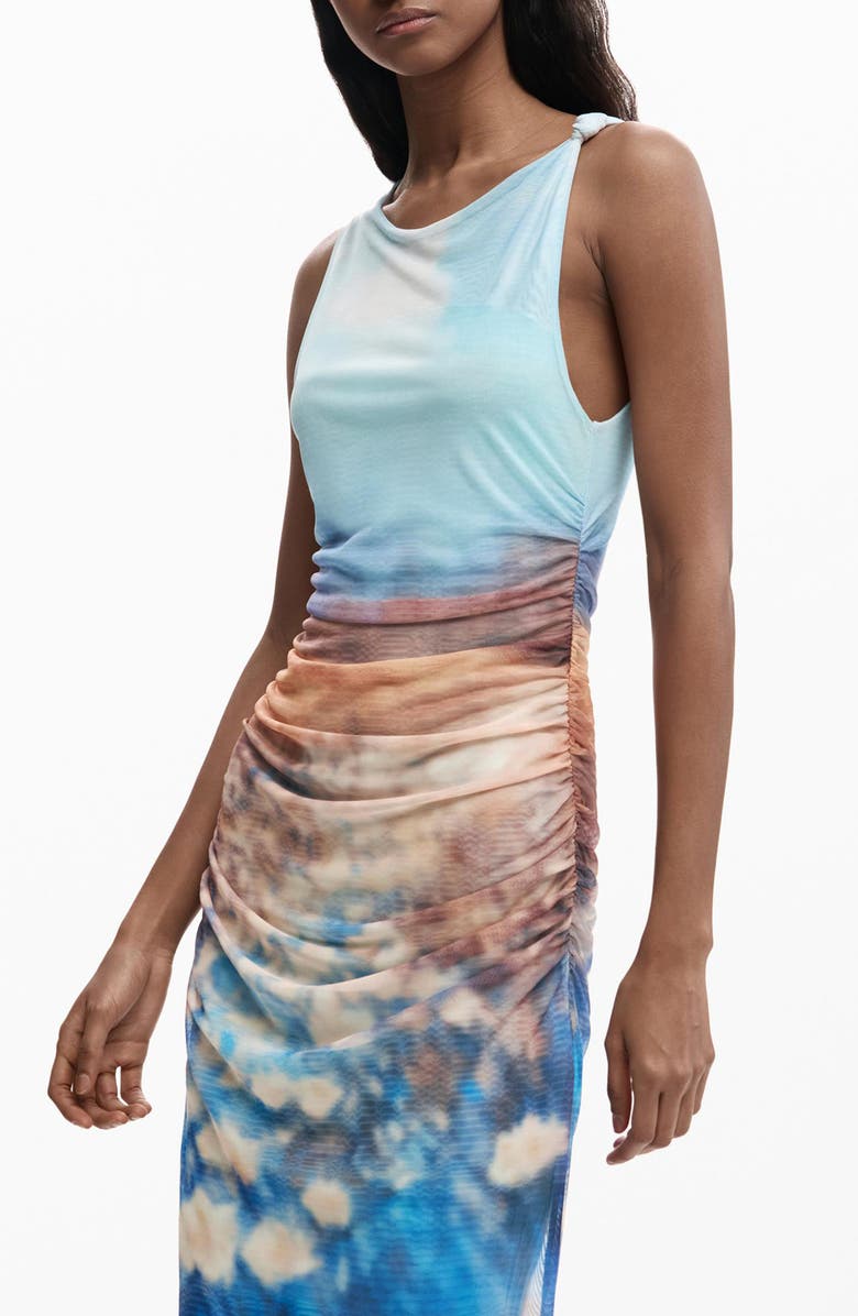 Desigual Sleeveless Abstract Floral Print Mesh Dress, Alternate, color, Blue