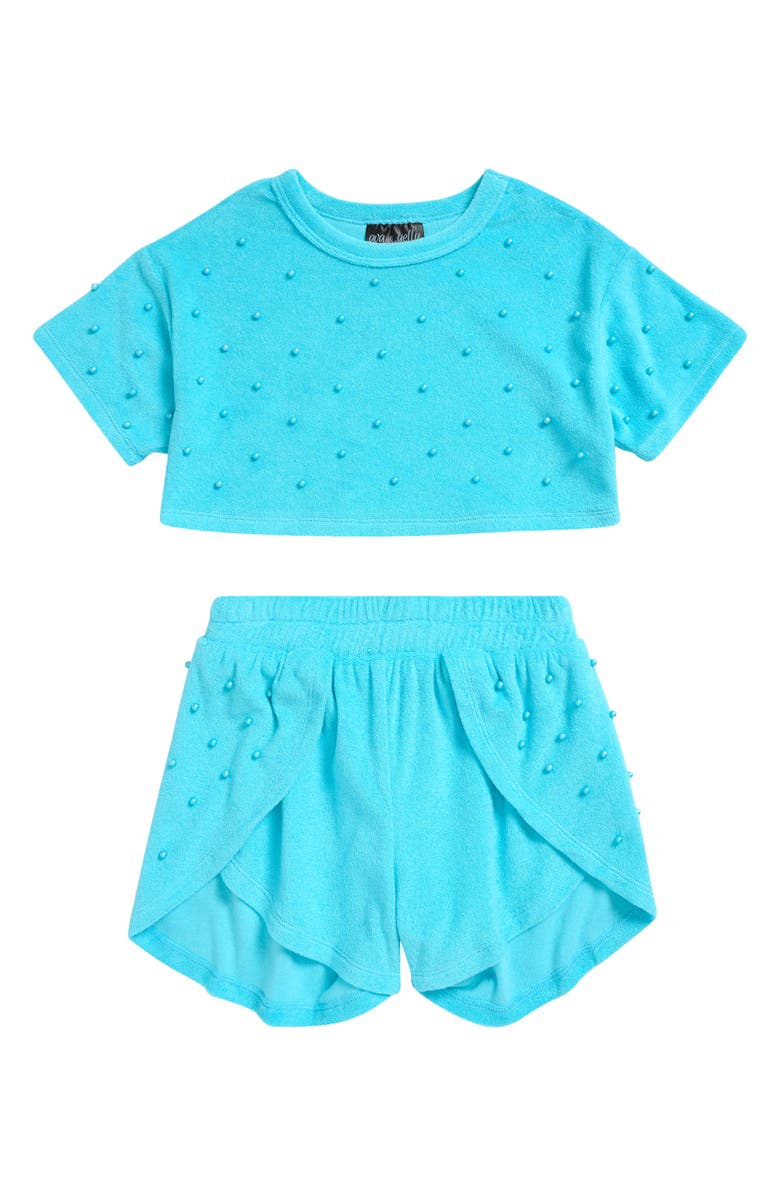 Ava & Yelly Kids' Faux Pearl Cover-Up Crop Top & Shorts Set, Main, color, Seafoam