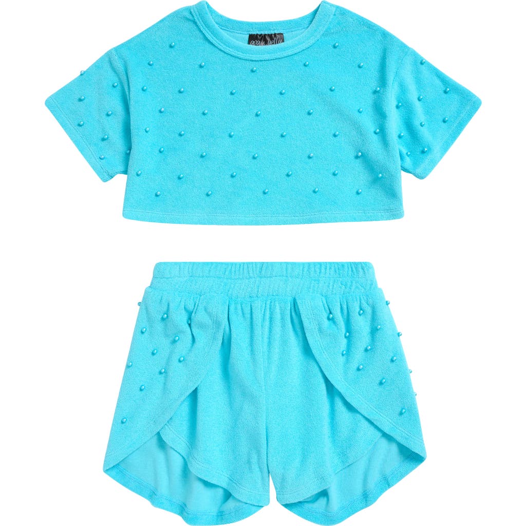 Ava & Yelly Kids' Faux Pearl Cover-up Crop Top & Shorts Set In Seafoam