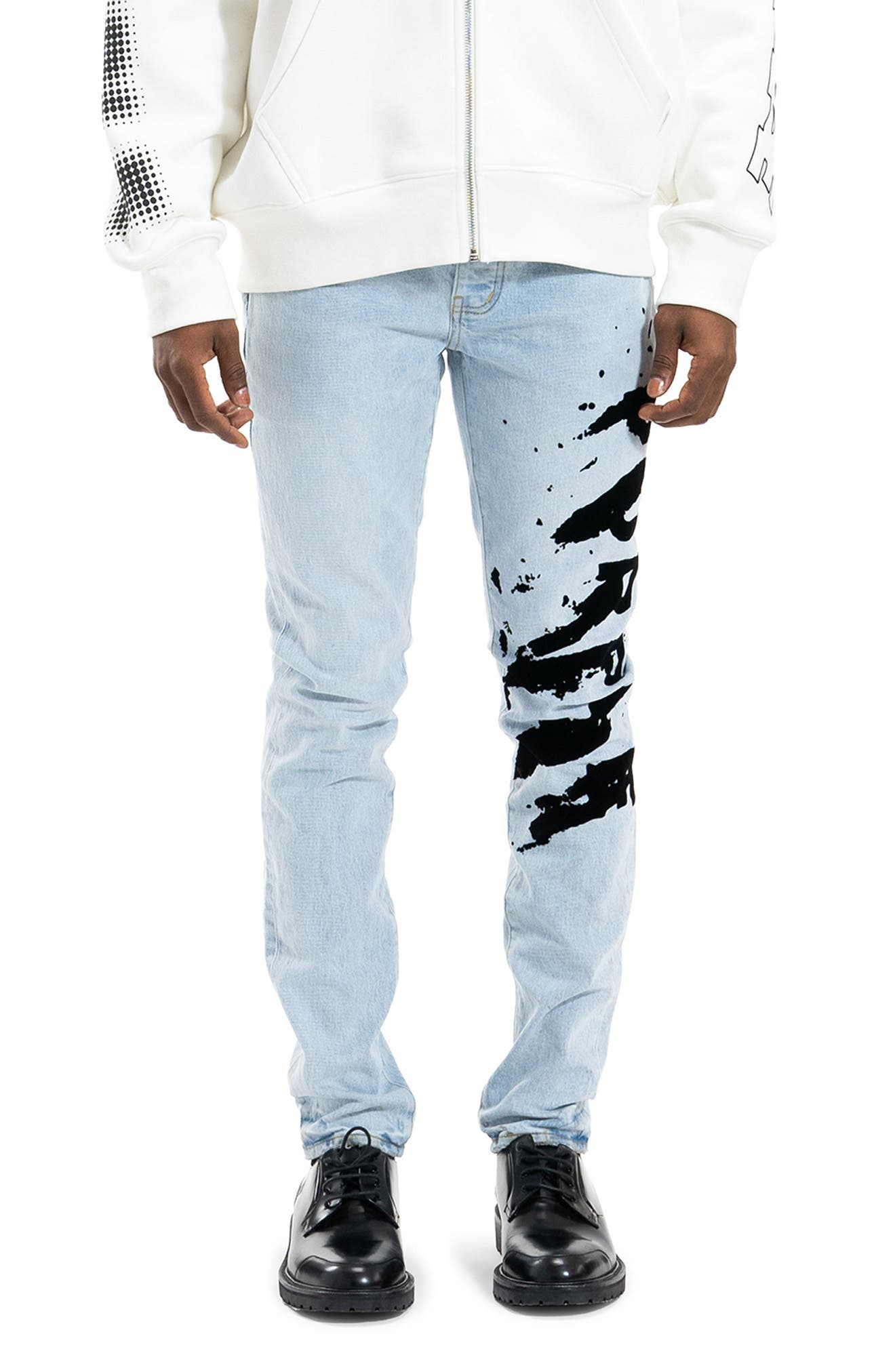 PURPLE BRAND Flocked Painted Wordmark Skinny Jeans (Men) | Nordstrom
