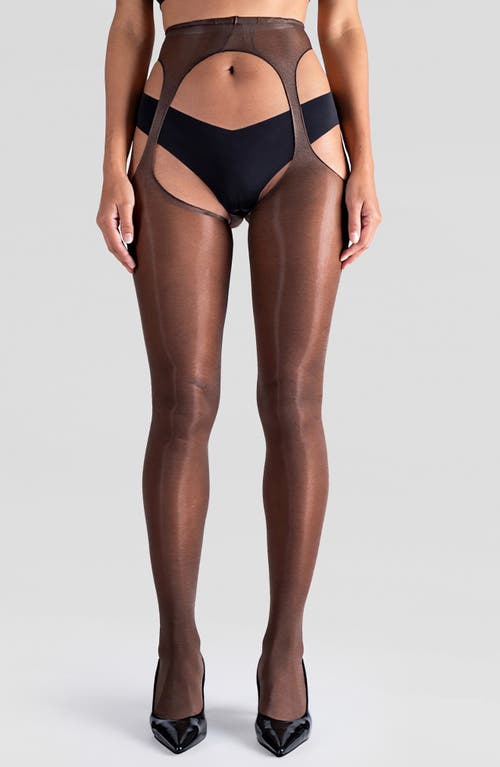 Lechery Women's Lustrous Silky Shiny Sheer Suspender Crotchless High-waist Pantyhose Tights In Cocoa