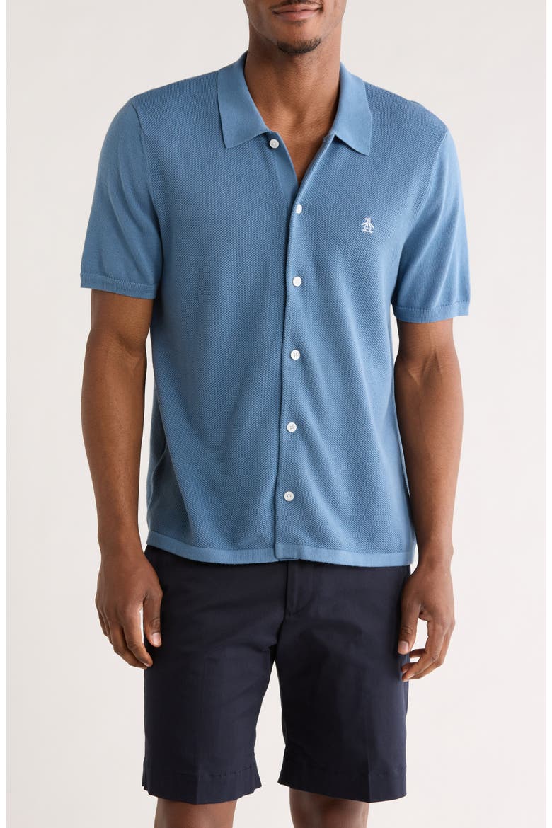 Honeycomb Short Sleeve Cotton Piqué Button-Up Shirt, Main, color, COPEN BLUE