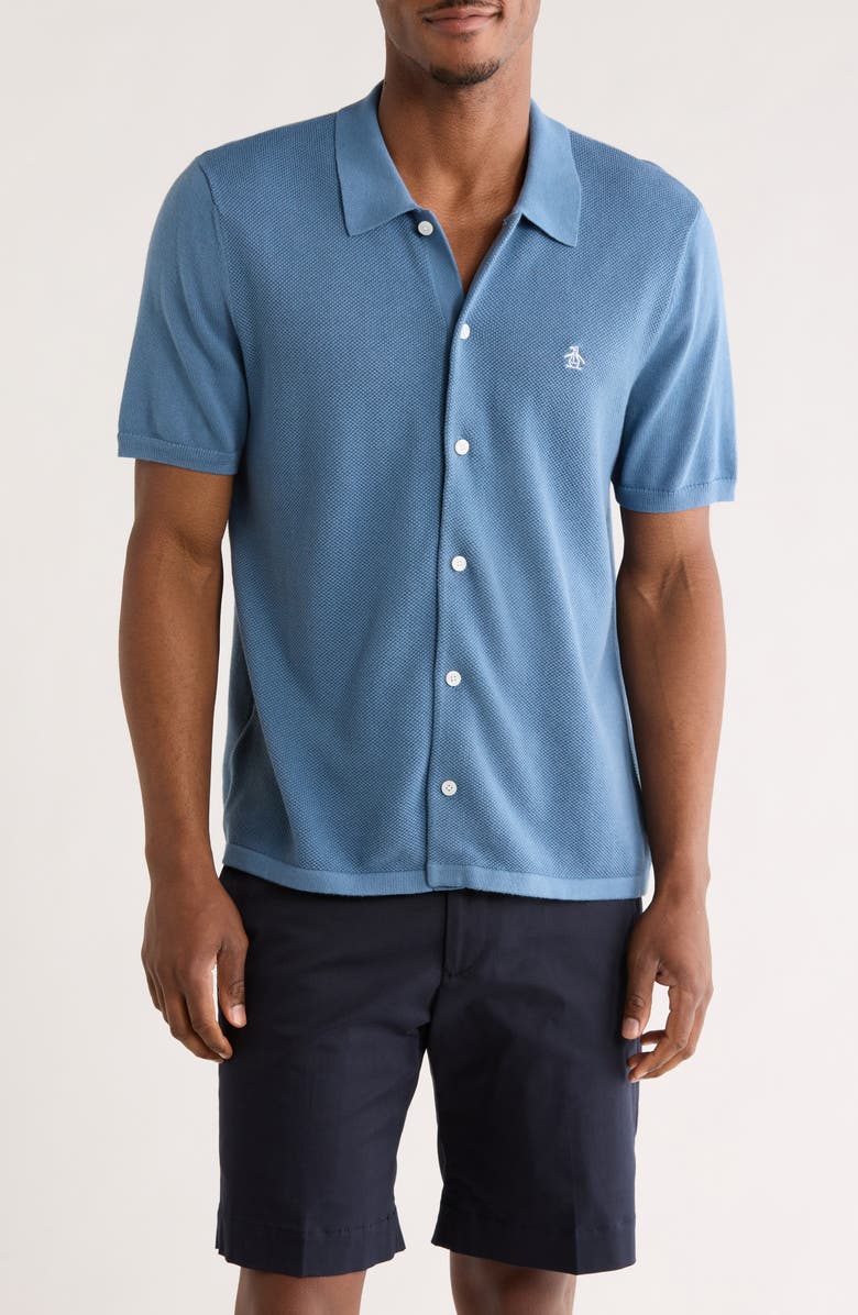 Original Penguin Honeycomb Short Sleeve Cotton Piqué Button-Up Shirt, Main, color, Copen Blue