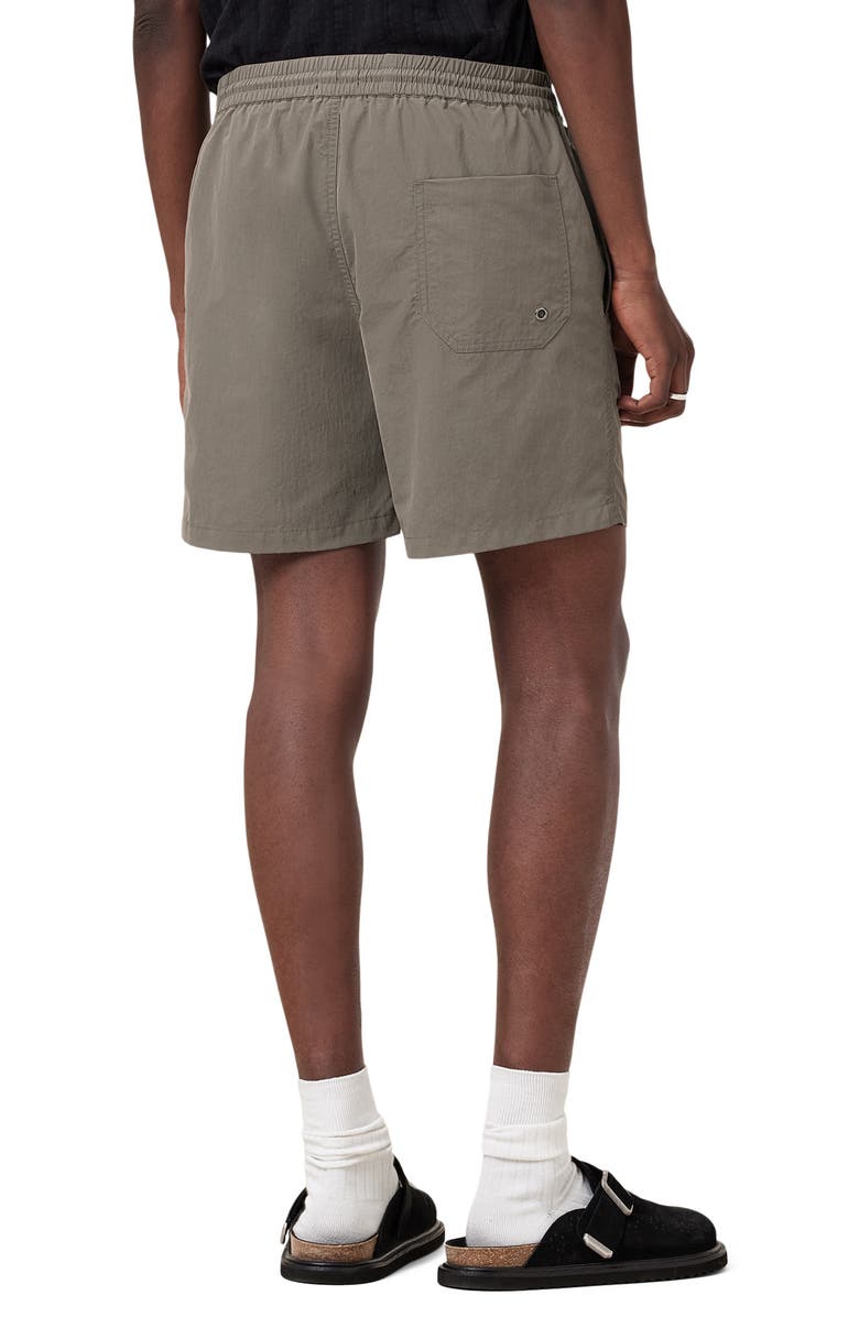 AllSaints Underground Logo Print Swim Trunks, Alternate, color, Ash Khaki Green