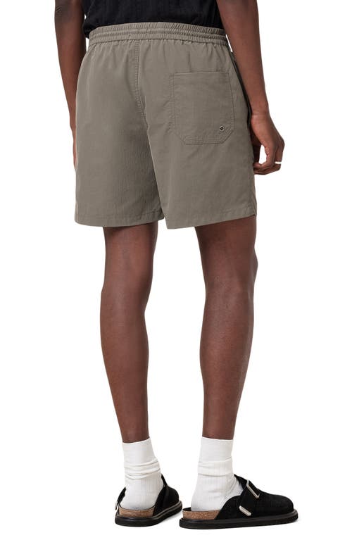 Allsaints Underground Logo Print Swim Trunks In Ash Khaki Green