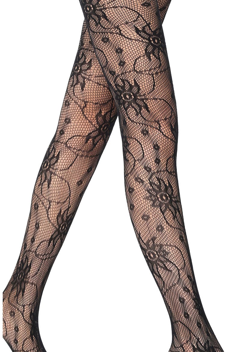 Wildflower Floral Fishnet Tights, Alternate, color, BLACK
