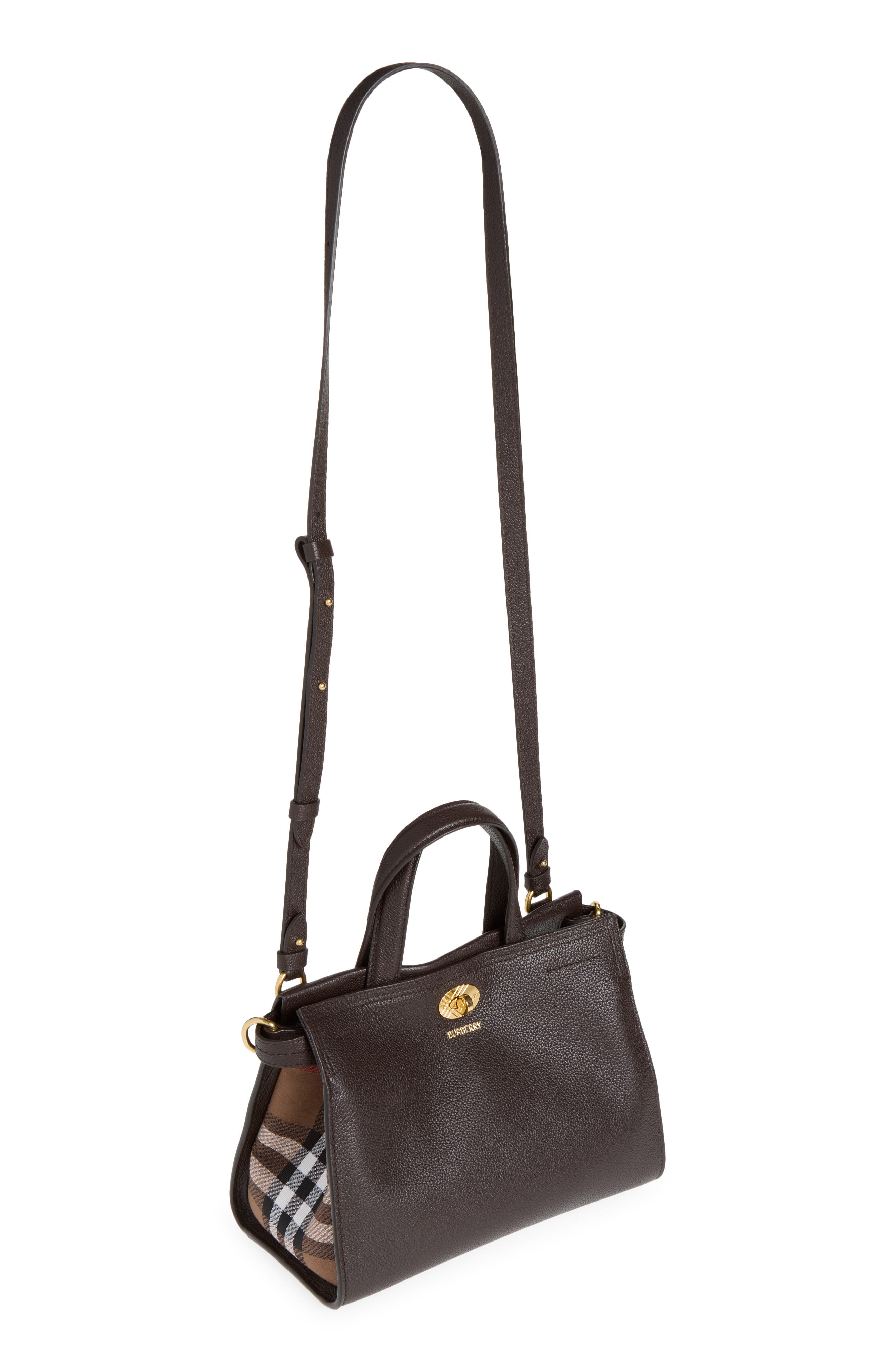 Cotswolds Leather & Check Canvas Tote, Alternate, color, CHOCOLATE BROWN