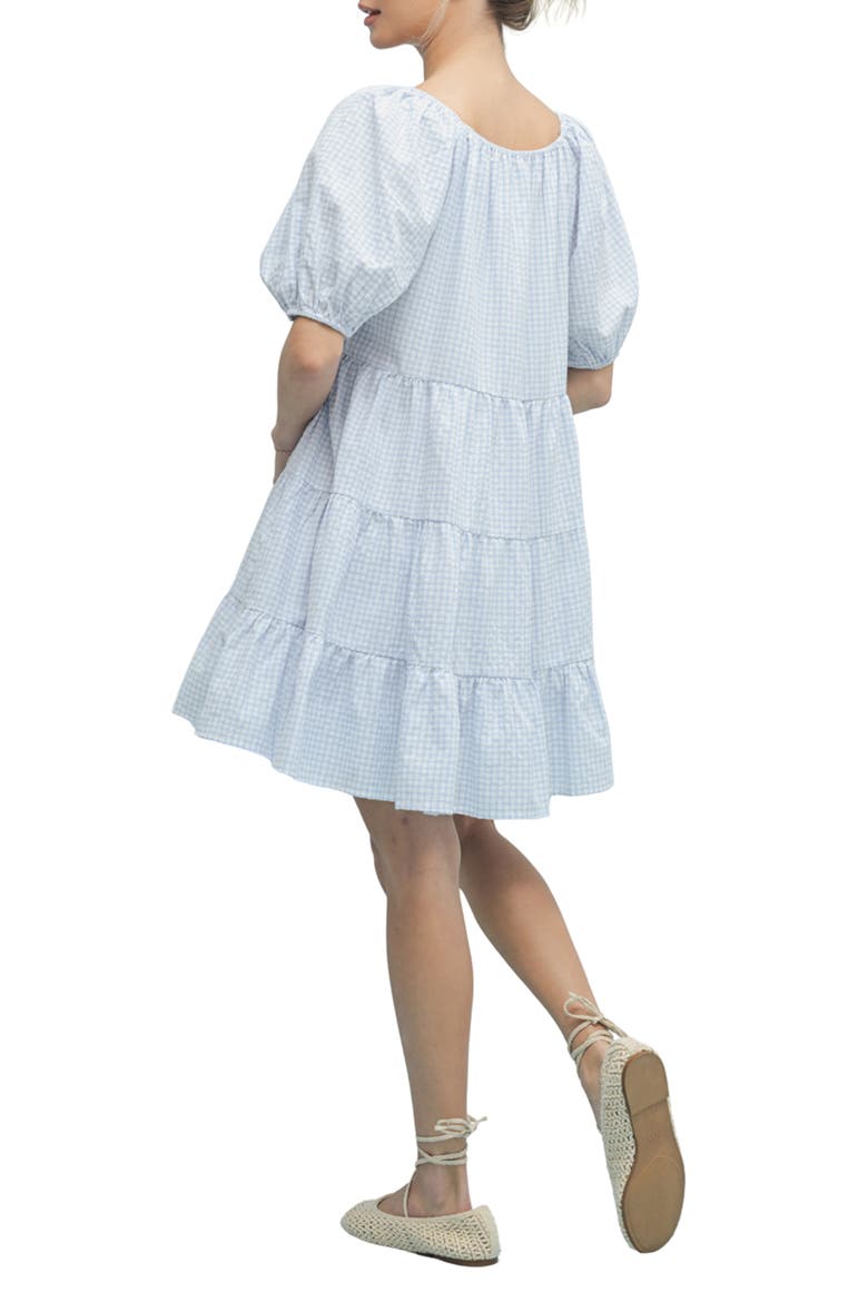 Plaid Puff Sleeve Cotton Blend Tiered Minidress, Alternate, color, OFF WHITE/ SKY