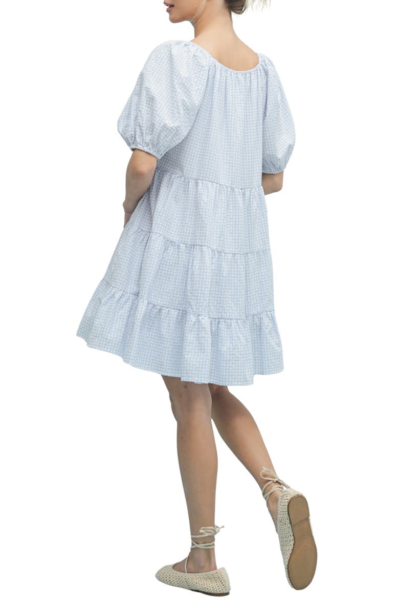 WISHLIST Plaid Puff Sleeve Cotton Blend Tiered Minidress, Alternate, color, Off White/ Sky
