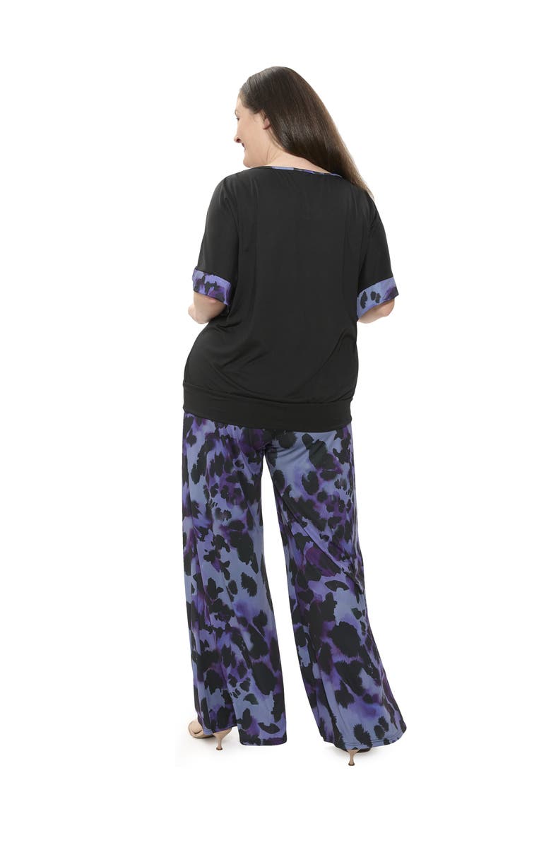 24seven Comfort Apparel Plus Size Animal Print Boat Neck Short Dolman Sleeve Top and Pant Set, Alternate, color, Purple Multi